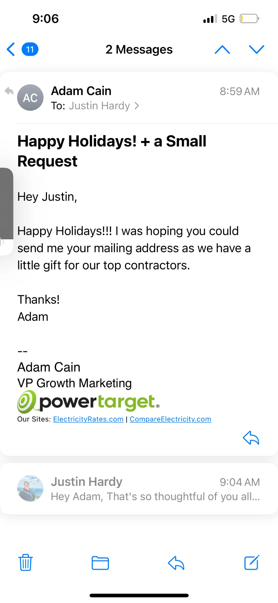 Email from Adam Cain, VP Growth Marketing, sending a gift to a top contractor
