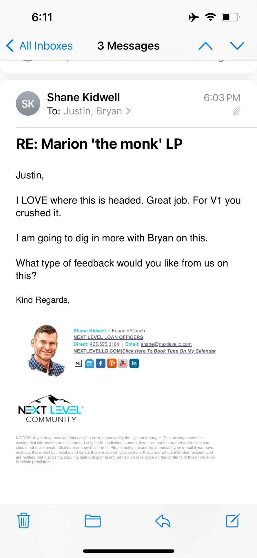 Email from Shane Kidwell at Next Level Loan Officers: 'I LOVE where this is headed'