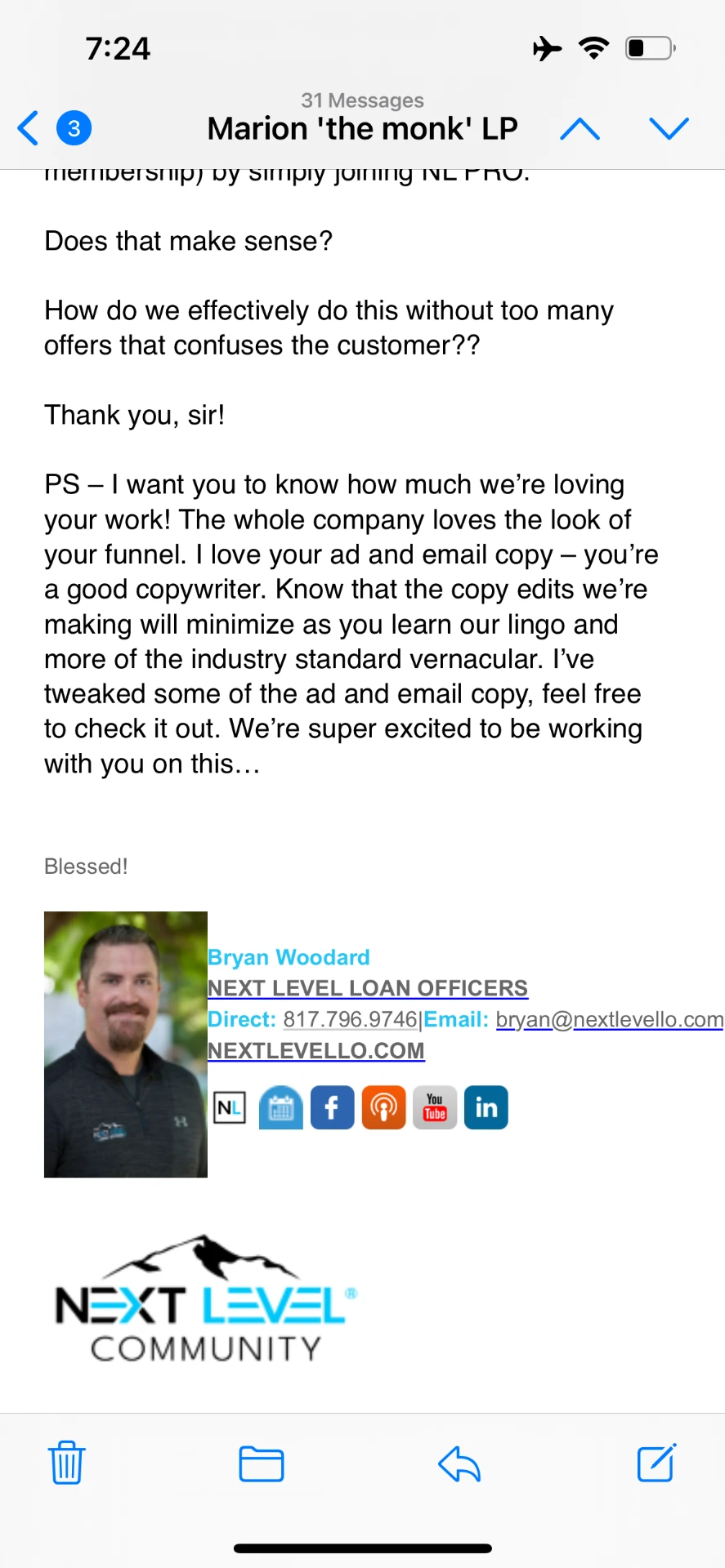 Email from Bryan Woodard at Next Level Loan Officers: 'The whole company loves the look of your funnel'