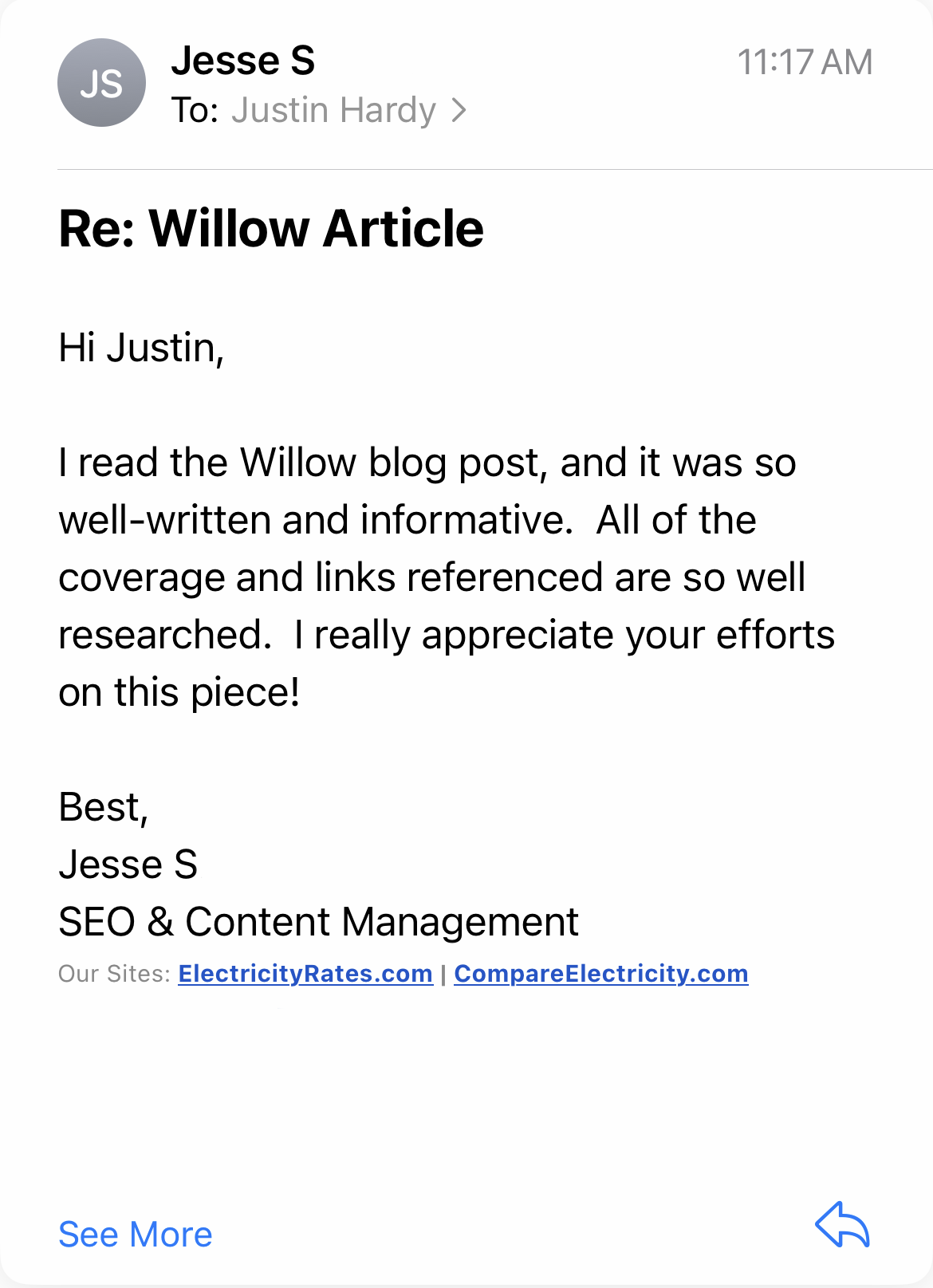 Email from Jesse S praising the Willow article Justin wrote